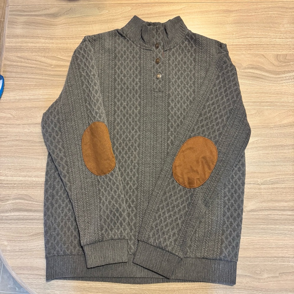 Elegant  Hengsheng Gray Jacquard sweater
with Tan Elbow Patches Sz XL